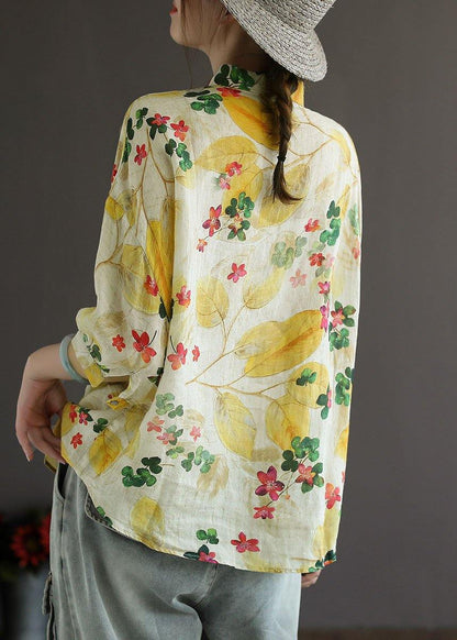Elegant Print Peter Pan Collar Button Summer Linen Top Three Quarter Sleeve - SooLinen