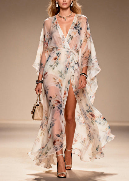 Elegant Print Side Open Lace Up Chiffon Dresses Summer