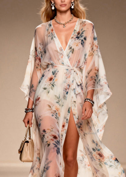Elegant Print Side Open Lace Up Chiffon Dresses Summer