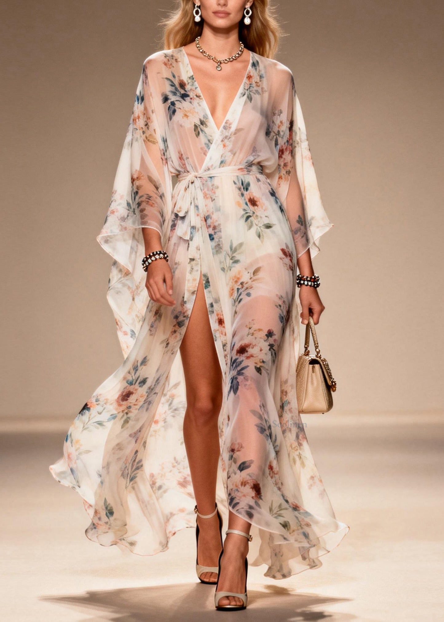 Elegant Print Side Open Lace Up Chiffon Dresses Summer