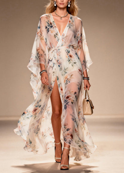 Elegant Print Side Open Lace Up Chiffon Dresses Summer