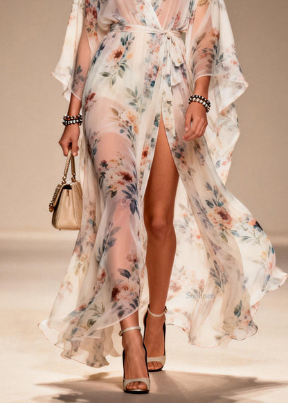 Elegant Print Side Open Lace Up Chiffon Dresses Summer