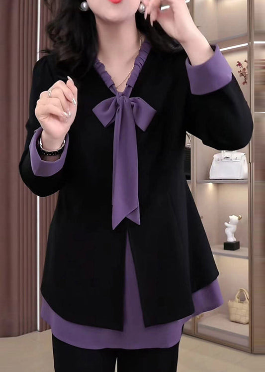 Elegantes lila Schleifen-Patchwork-Hemd aus Spandex, das einem Zweiteiler ähnelt, Frühlings-Oberteil