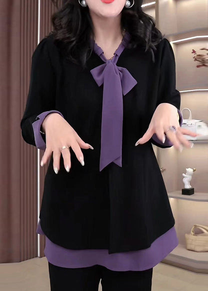 Elegantes lila Schleifen-Patchwork-Hemd aus Spandex, das einem Zweiteiler ähnelt, Frühlings-Oberteil