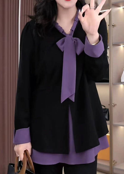 Elegantes lila Schleifen-Patchwork-Hemd aus Spandex, das einem Zweiteiler ähnelt, Frühlings-Oberteil
