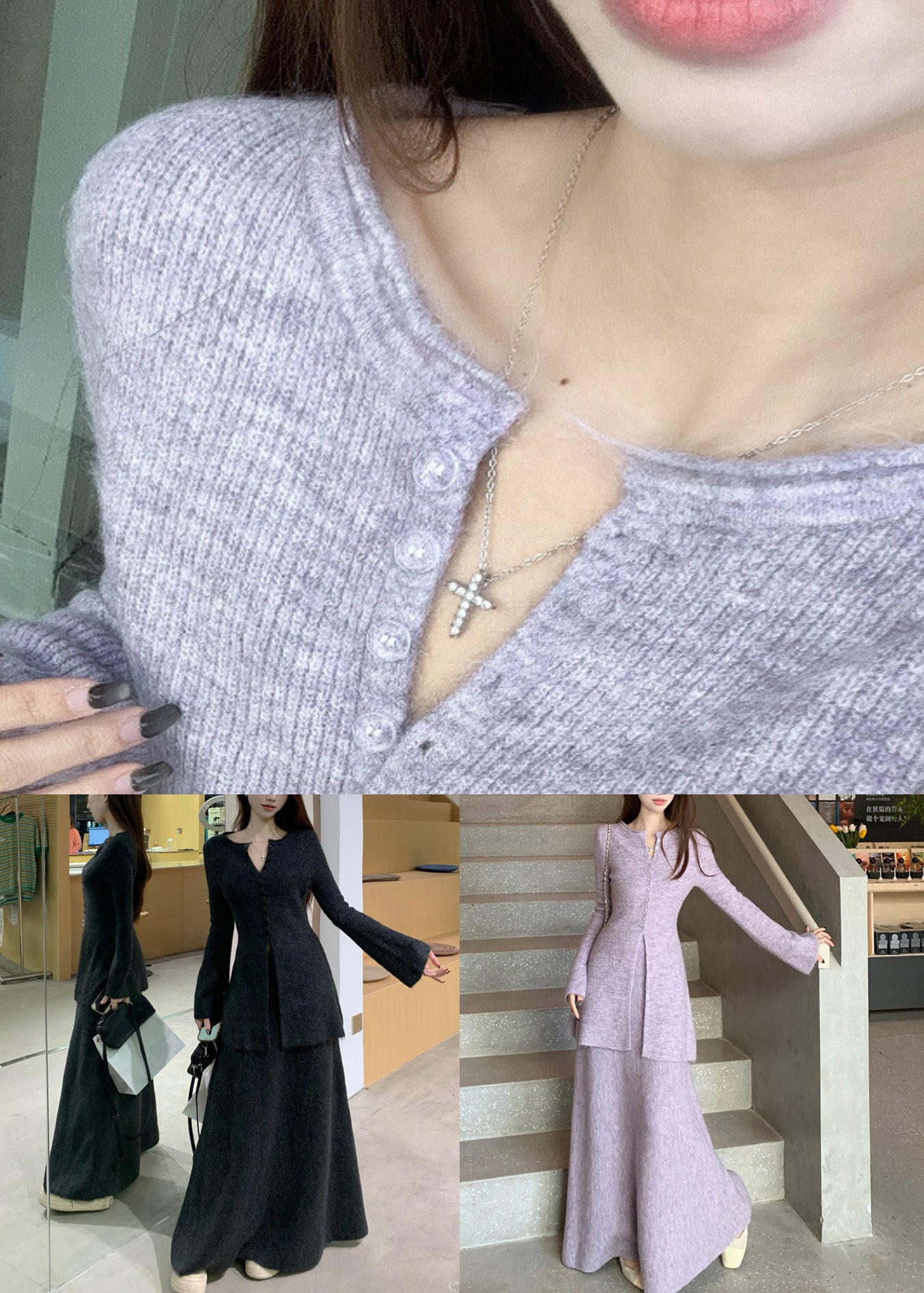 Elegantes, lilafarbenes, zweiteiliges Strickset mit Knopfleiste und ausgestellten Ärmeln