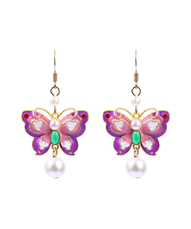 Elegantes pendientes colgantes de mariposa con perlas acrílicas doradas de cobre morado