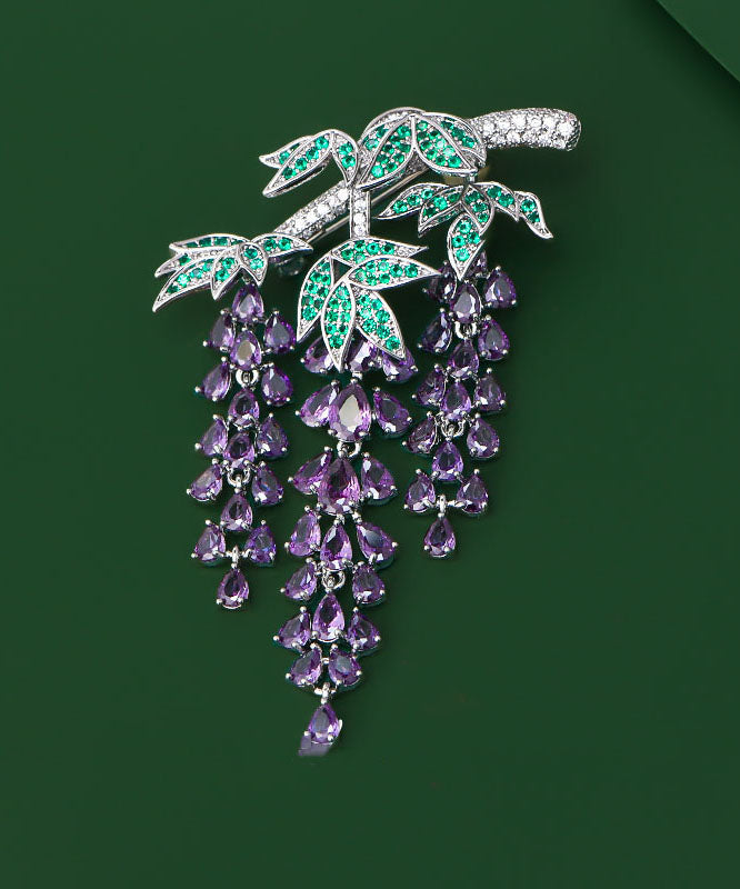 Elegante Broschen mit lila Kupfer-Zirkonia-Quaste und Glyzinienmotiv