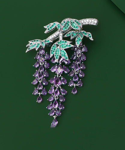 Elegante Broschen mit lila Kupfer-Zirkonia-Quaste und Glyzinienmotiv