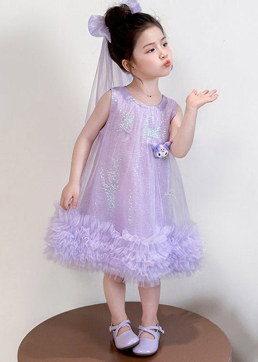 Elegant Purple O-Neck Patchwork Sequins Tulle Girls Party Maxi Dress Sleeveless