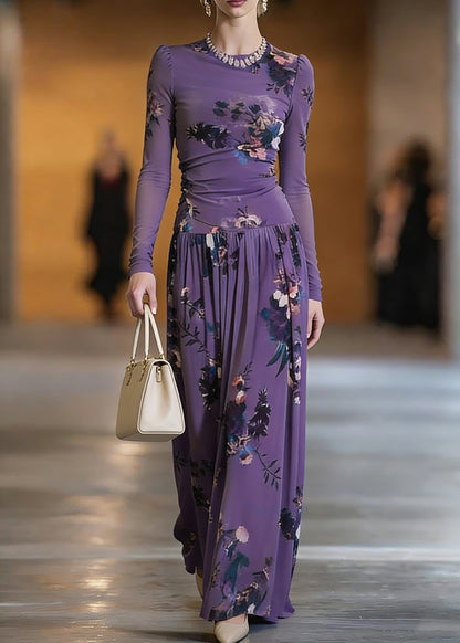 Elegant Purple O-Neck Print Top And Maxi Skirts Two Pieces Set Spring