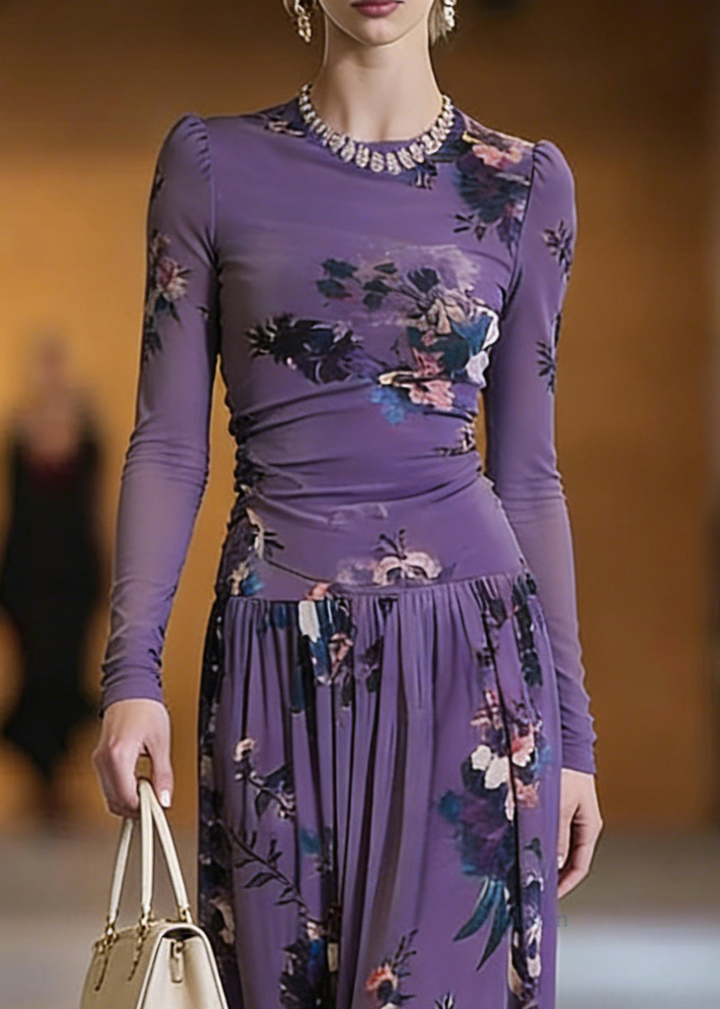 Elegant Purple O-Neck Print Top And Maxi Skirts Two Pieces Set Spring