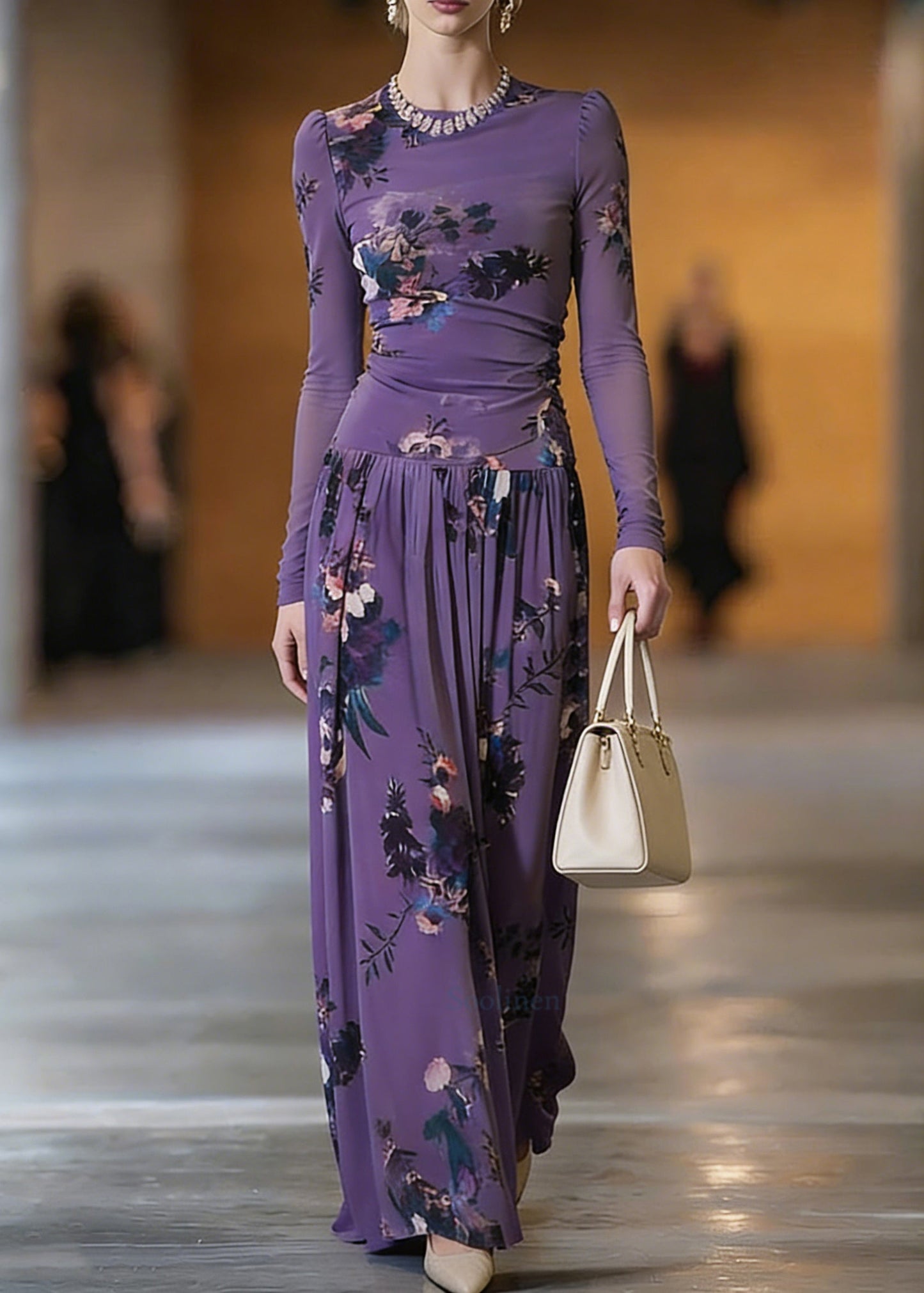 Elegant Purple O-Neck Print Top And Maxi Skirts Two Pieces Set Spring