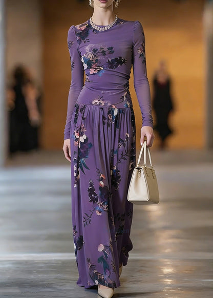 Elegant Purple O-Neck Print Top And Maxi Skirts Two Pieces Set Spring