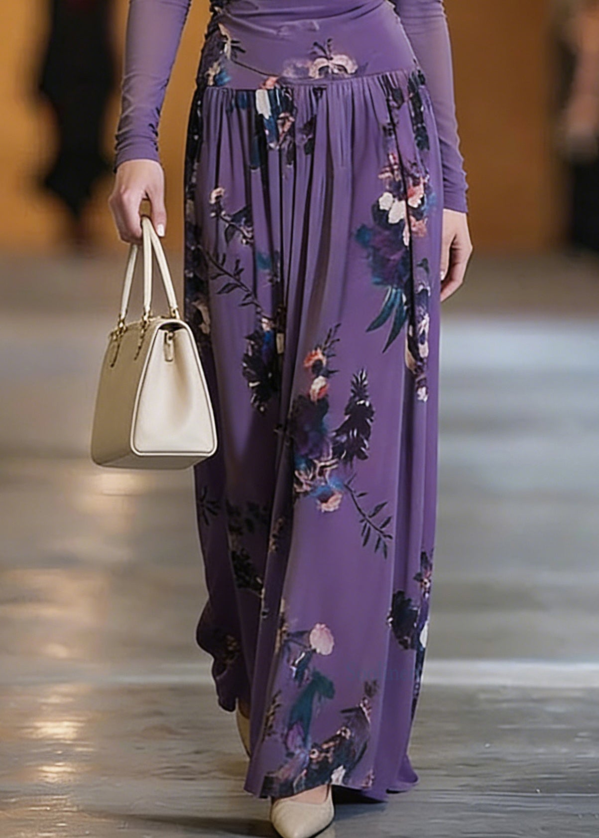 Elegant Purple O-Neck Print Top And Maxi Skirts Two Pieces Set Spring