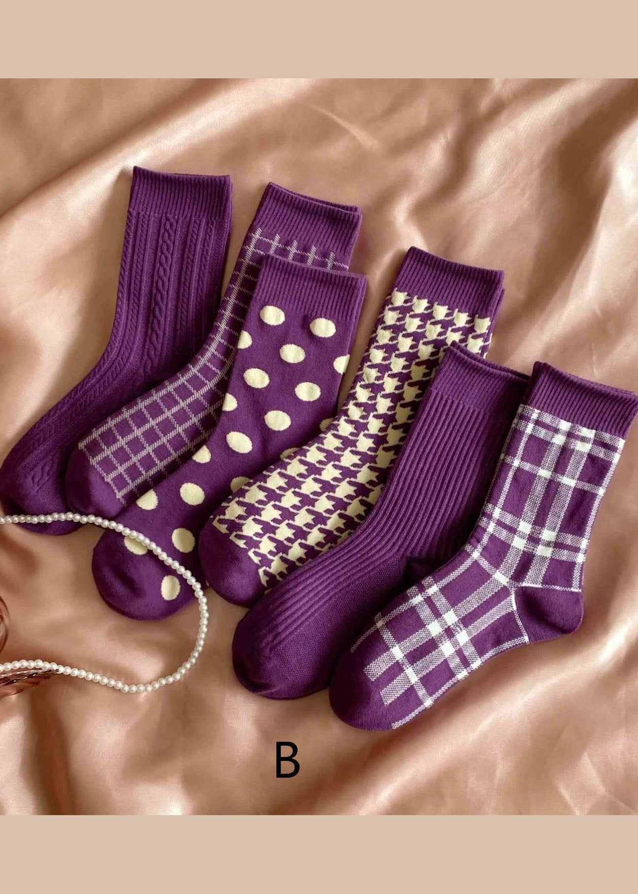 Elegante lila karierte Jacquard-Baumwollsocken bis zur Mitte der Wade