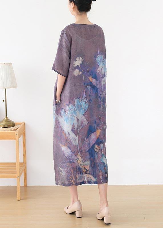 Elegant Purple Print O-Neck Maxi Summer Linen Dress - SooLinen