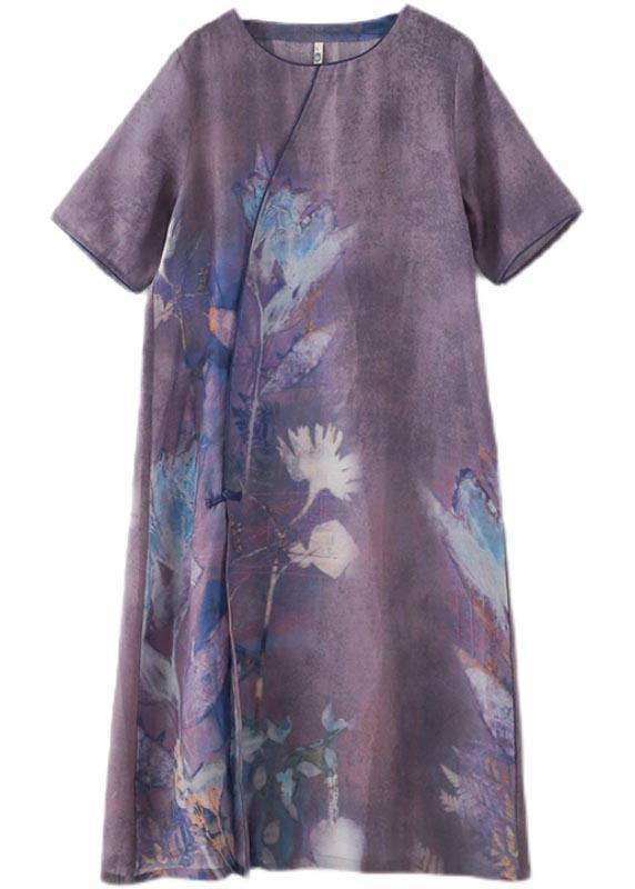 Elegant Purple Print O-Neck Maxi Summer Linen Dress - SooLinen