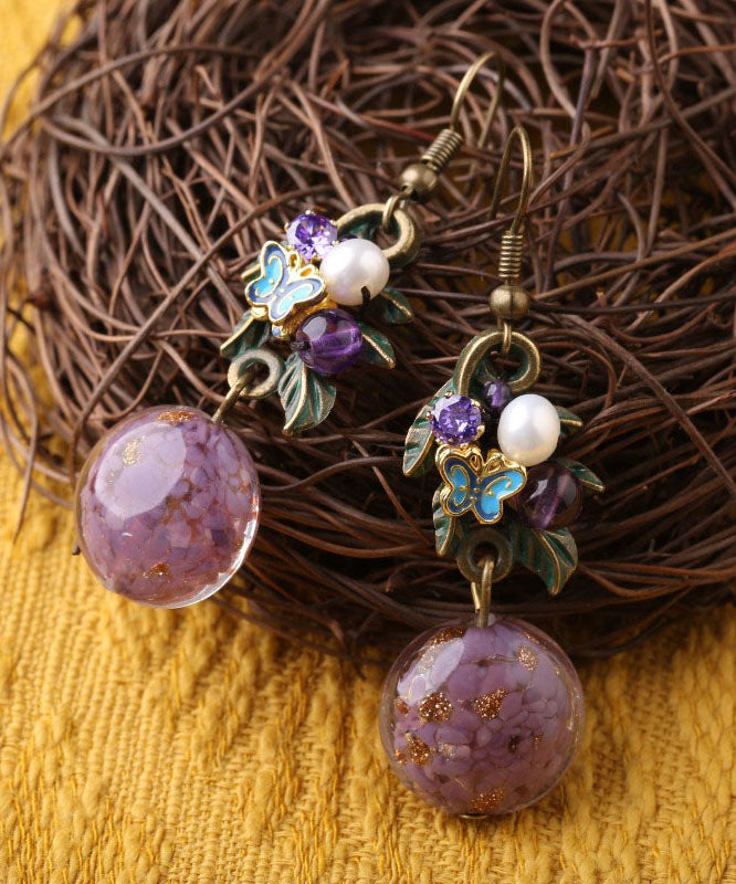 Elegantes pendientes colgantes de plata de ley morada con circonitas, jade y cristal cloisonné esmaltado en color.