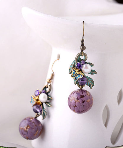 Elegantes pendientes colgantes de plata de ley morada con circonitas, jade y cristal cloisonné esmaltado en color.