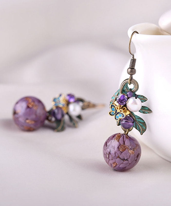 Elegantes pendientes colgantes de plata de ley morada con circonitas, jade y cristal cloisonné esmaltado en color.