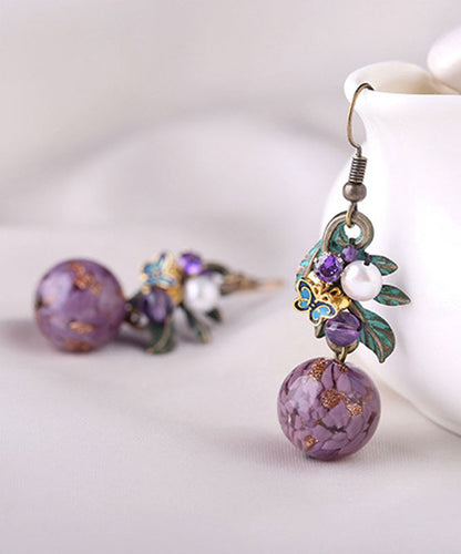 Elegantes pendientes colgantes de plata de ley morada con circonitas, jade y cristal cloisonné esmaltado en color.