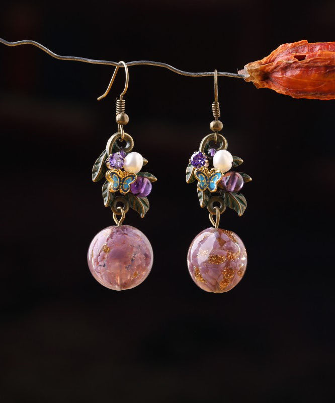 Elegantes pendientes colgantes de plata de ley morada con circonitas, jade y cristal cloisonné esmaltado en color.