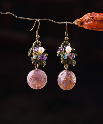 Elegantes pendientes colgantes de plata de ley morada con circonitas, jade y cristal cloisonné esmaltado en color.