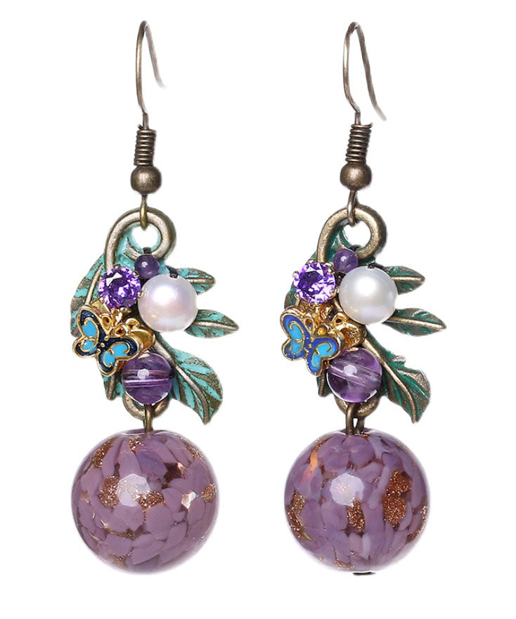 Elegantes pendientes colgantes de plata de ley morada con circonitas, jade y cristal cloisonné esmaltado en color.