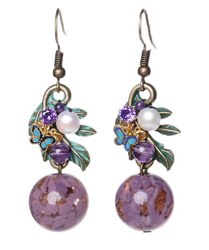 Elegantes pendientes colgantes de plata de ley morada con circonitas, jade y cristal cloisonné esmaltado en color.