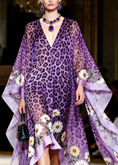 Elegant Purple V Neck Asymmetrical Design Print Chiffon Dress Summer
