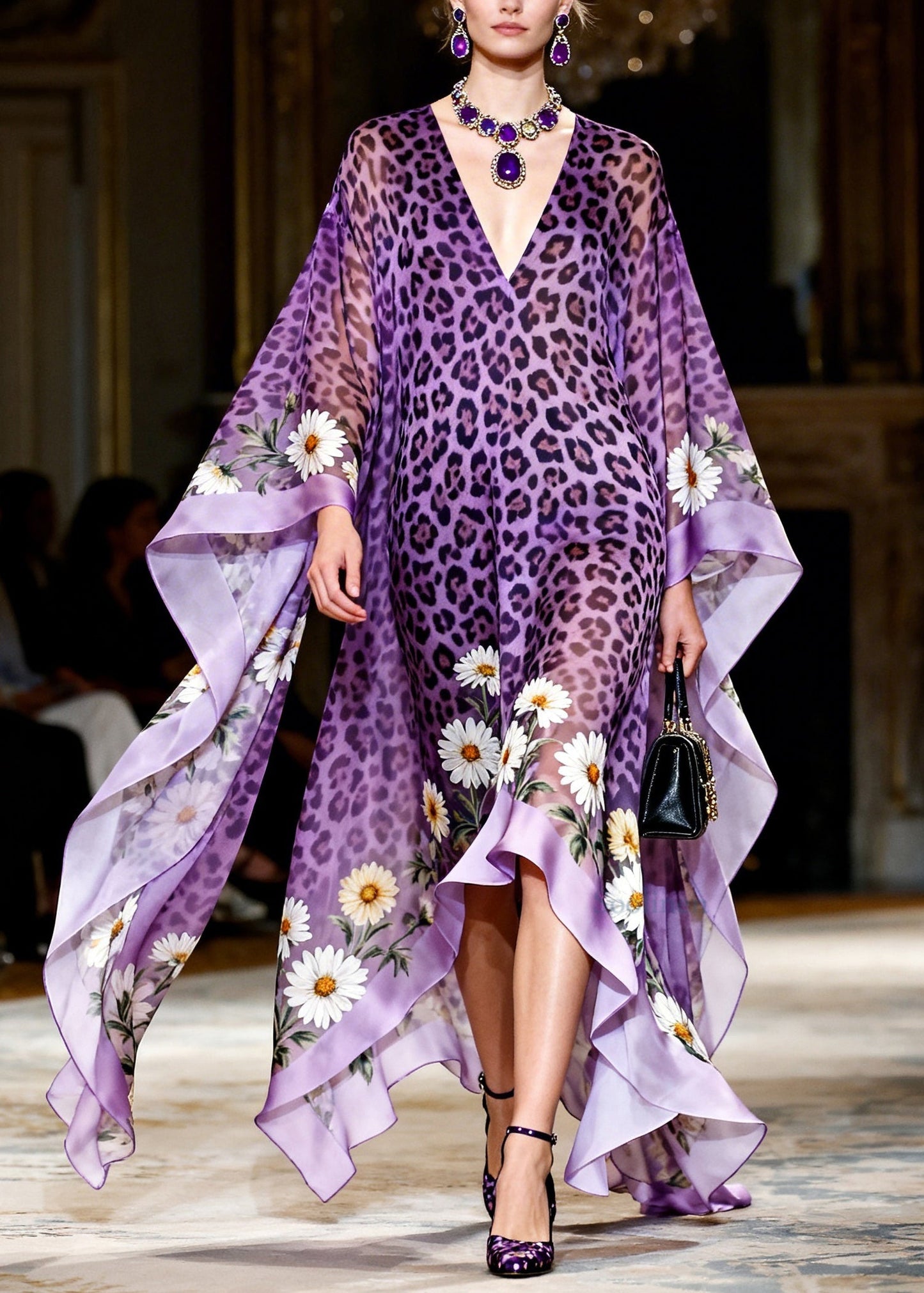Elegant Purple V Neck Asymmetrical Design Print Chiffon Dress Summer