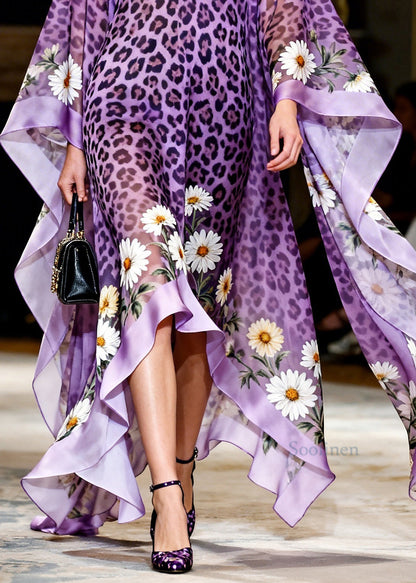Elegant Purple V Neck Asymmetrical Design Print Chiffon Dress Summer