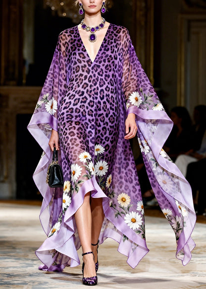 Elegant Purple V Neck Asymmetrical Design Print Chiffon Dress Summer