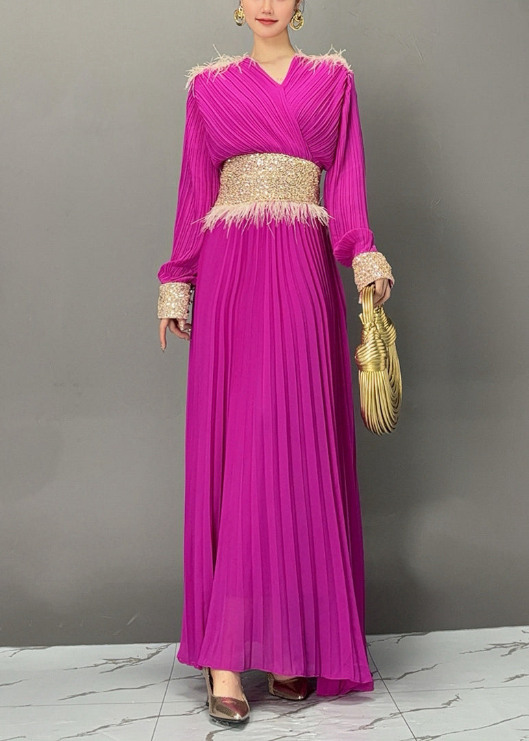 Elegant Purple V Neck Long Dresses Lantern Sleeve