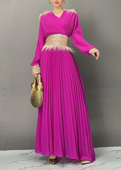 Elegant Purple V Neck Long Dresses Lantern Sleeve