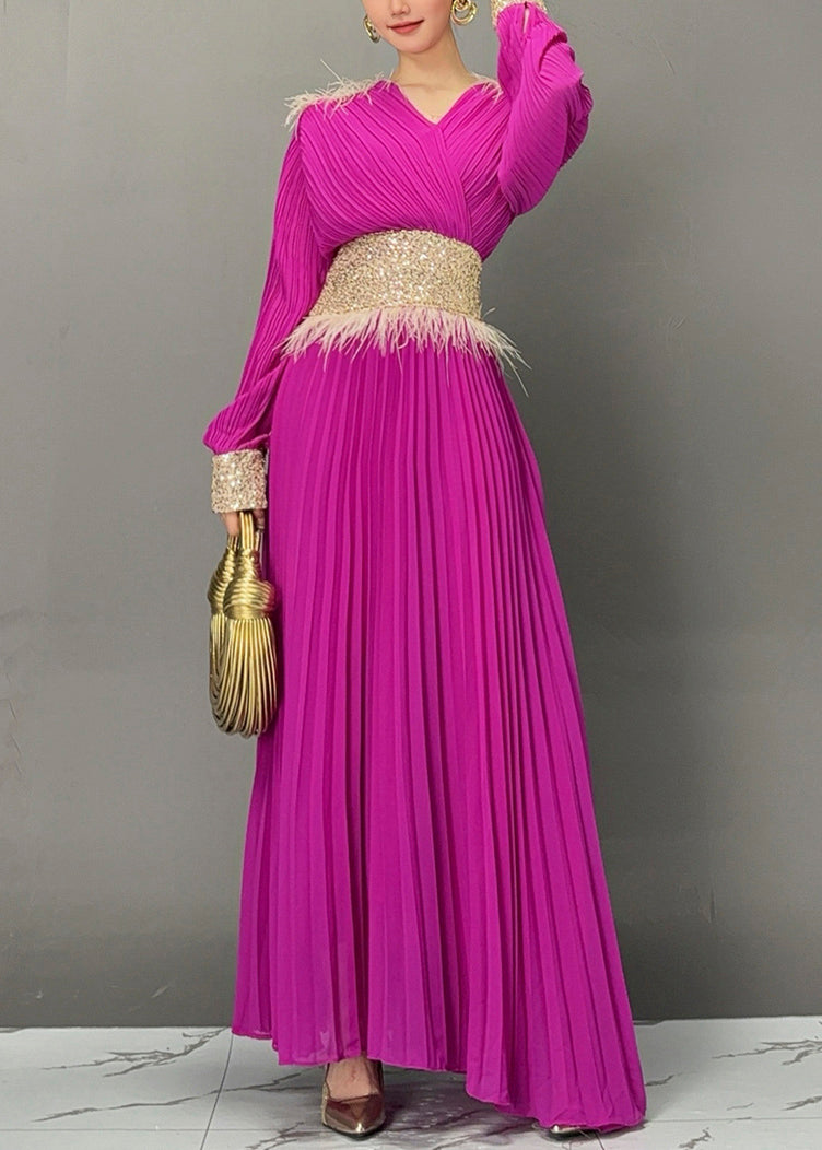 Elegant Purple V Neck Long Dresses Lantern Sleeve