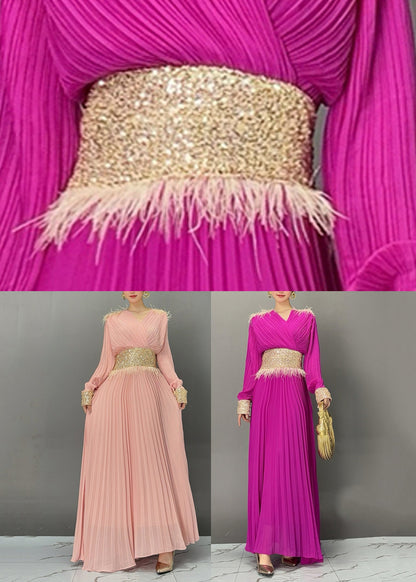 Elegant Purple V Neck Long Dresses Lantern Sleeve