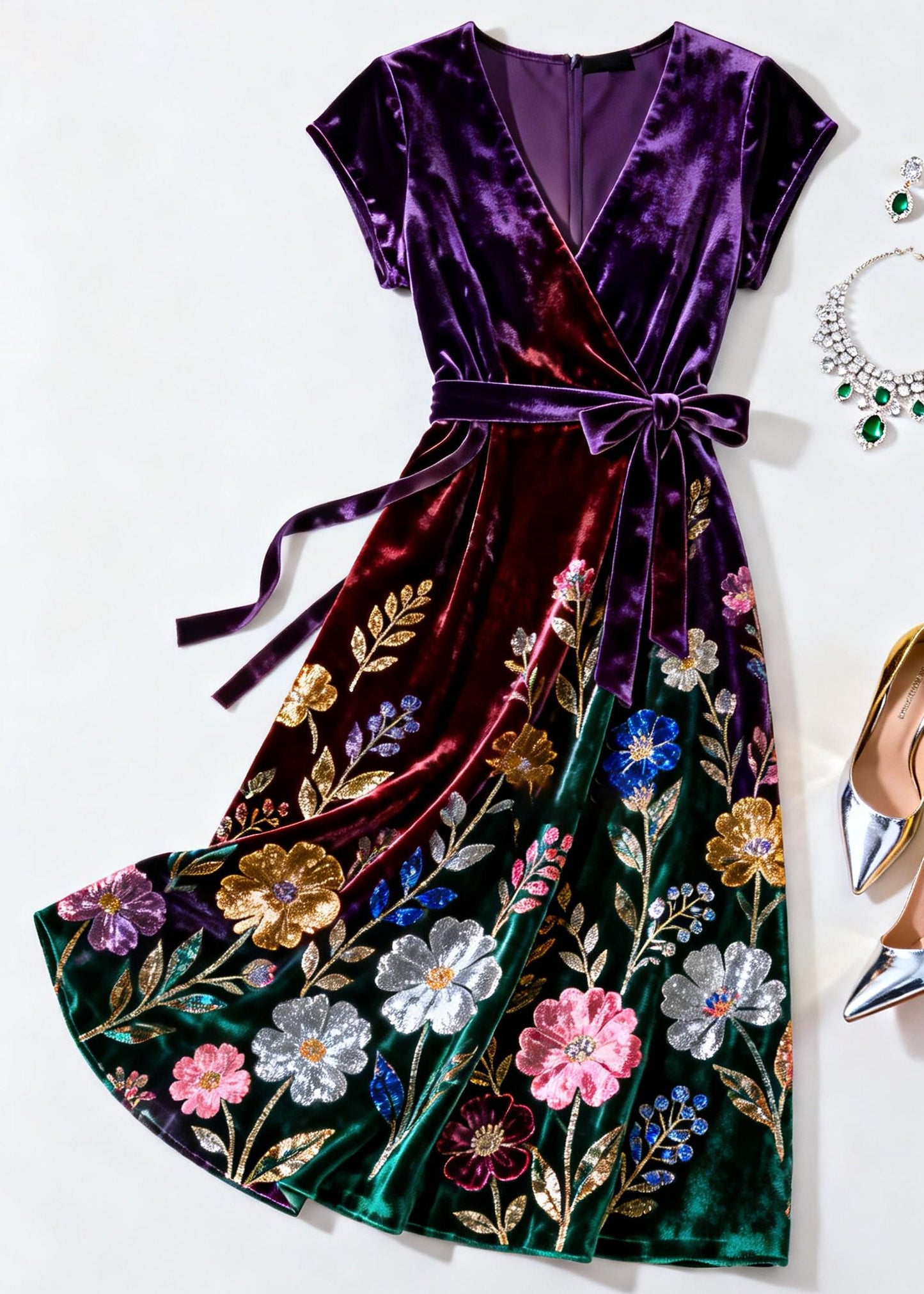 Elegant Purple V Neck Print Tie Waist Silk Velvet Dress Summer