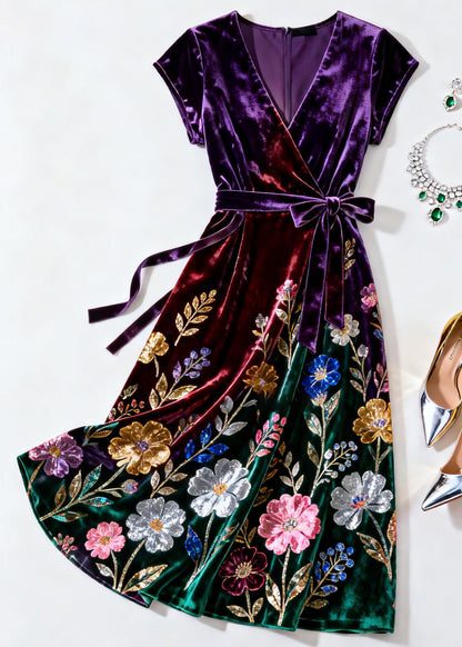 Elegant Purple V Neck Print Tie Waist Silk Velvet Dress Summer