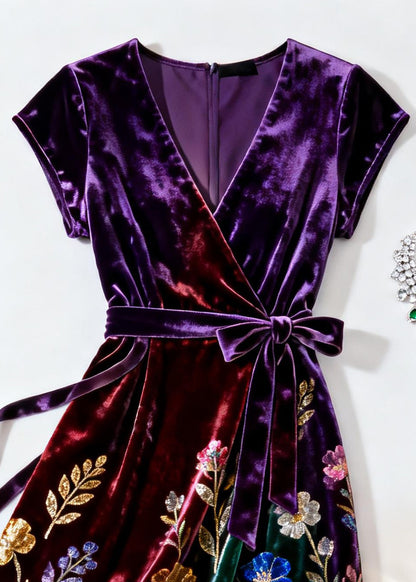Elegant Purple V Neck Print Tie Waist Silk Velvet Dress Summer