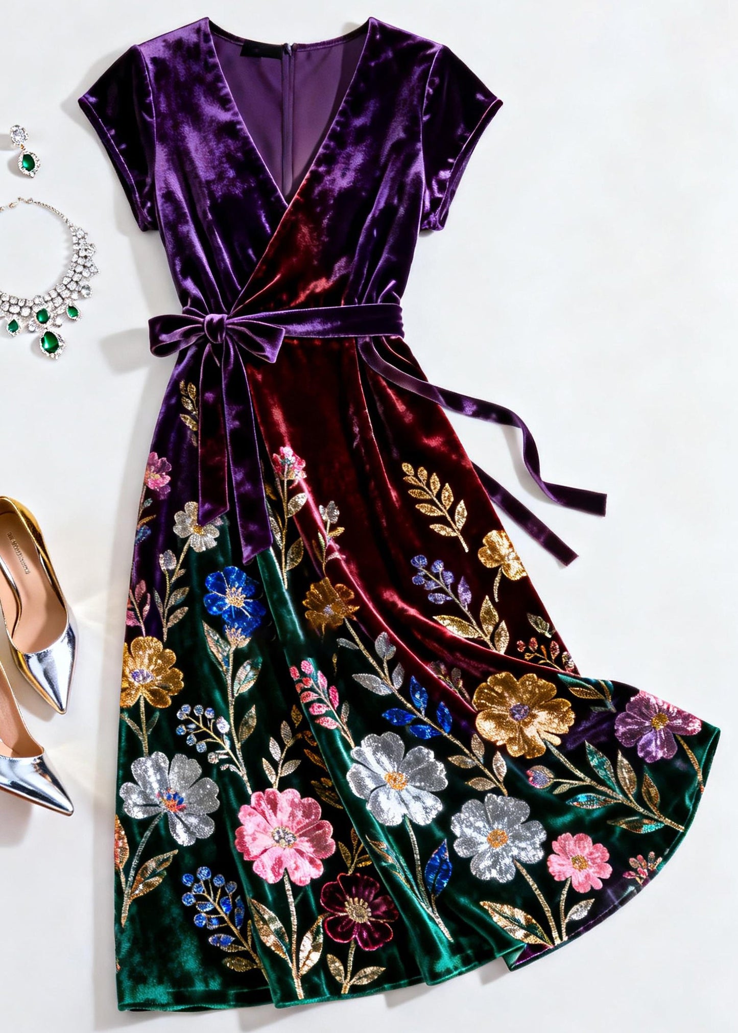 Elegant Purple V Neck Print Tie Waist Silk Velvet Dress Summer