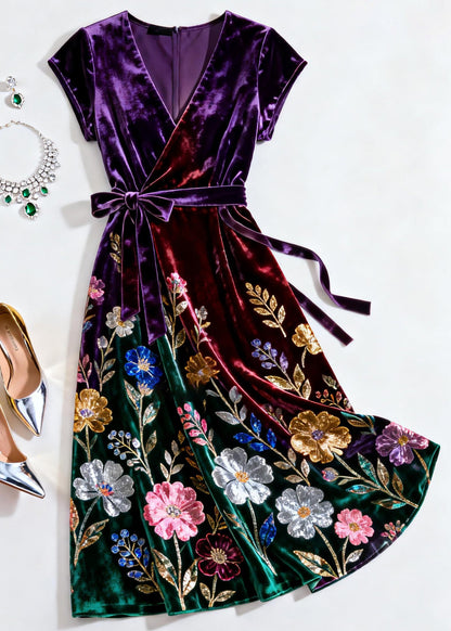 Elegant Purple V Neck Print Tie Waist Silk Velvet Dress Summer