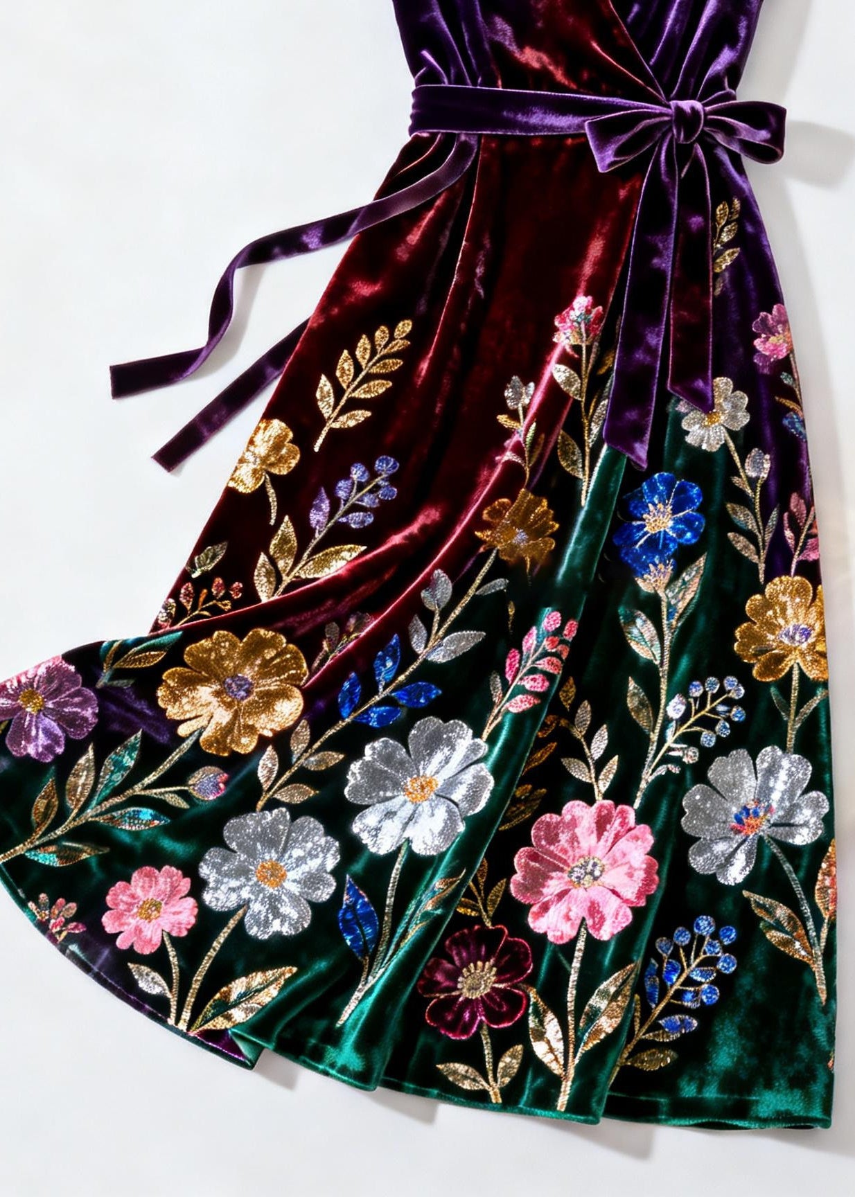 Elegant Purple V Neck Print Tie Waist Silk Velvet Dress Summer