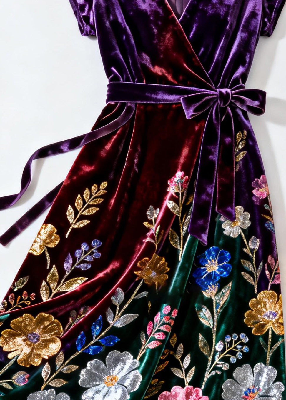 Elegant Purple V Neck Print Tie Waist Silk Velvet Dress Summer