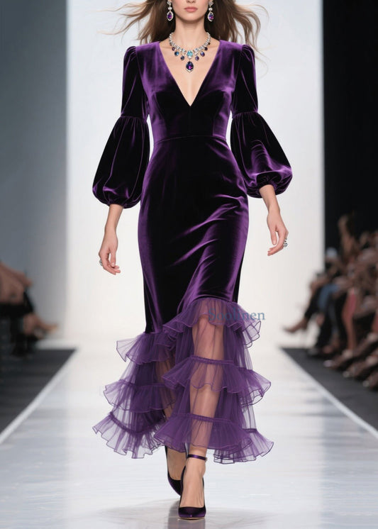 Elegante lila Maxikleider aus Samt mit V-Ausschnitt, Rüschen und Patchwork-Design für den Frühling