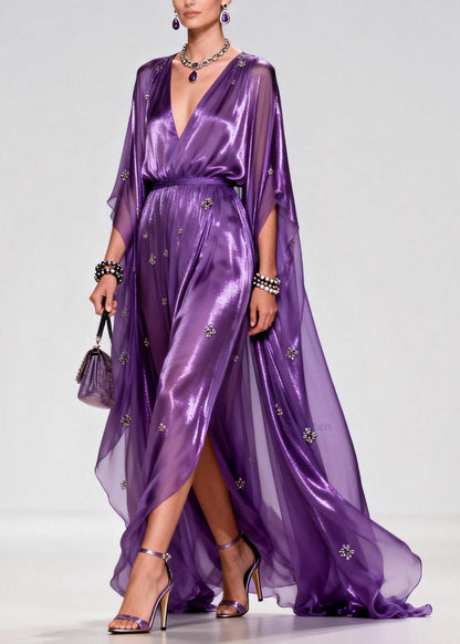 Elegant Purple V Neck Zircon Chiffon Long Dress Summer
