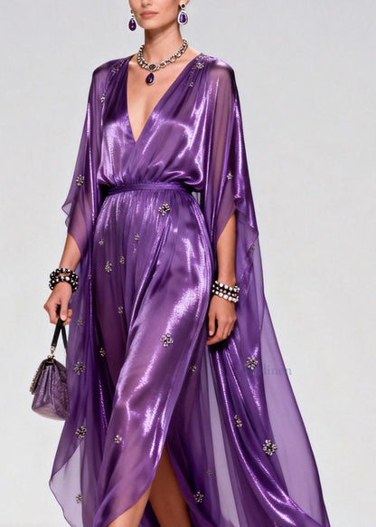 Elegant Purple V Neck Zircon Chiffon Long Dress Summer