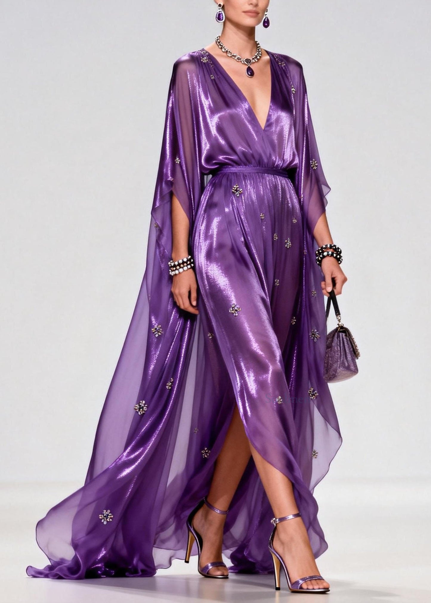 Elegant Purple V Neck Zircon Chiffon Long Dress Summer