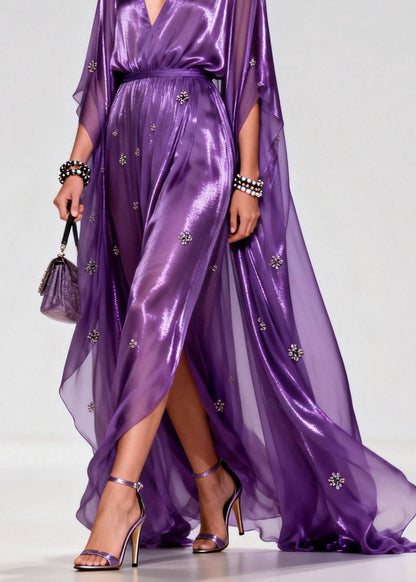 Elegant Purple V Neck Zircon Chiffon Long Dress Summer